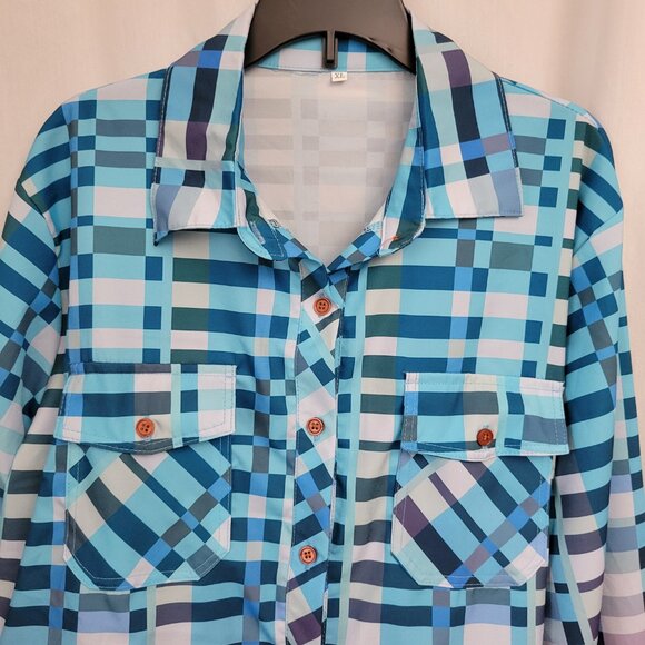 Button down blouse XL long sleeves colorful plaid Women's Polyester Ombre - Picture 5 of 10
